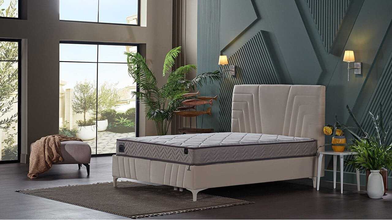 Pat tapitat cu lada de depozitare Toria, 180x200cm, culoare Crem BELLONA Paturi Tapitate 28TOAK600200001+26TOAKK00100001+28TO...