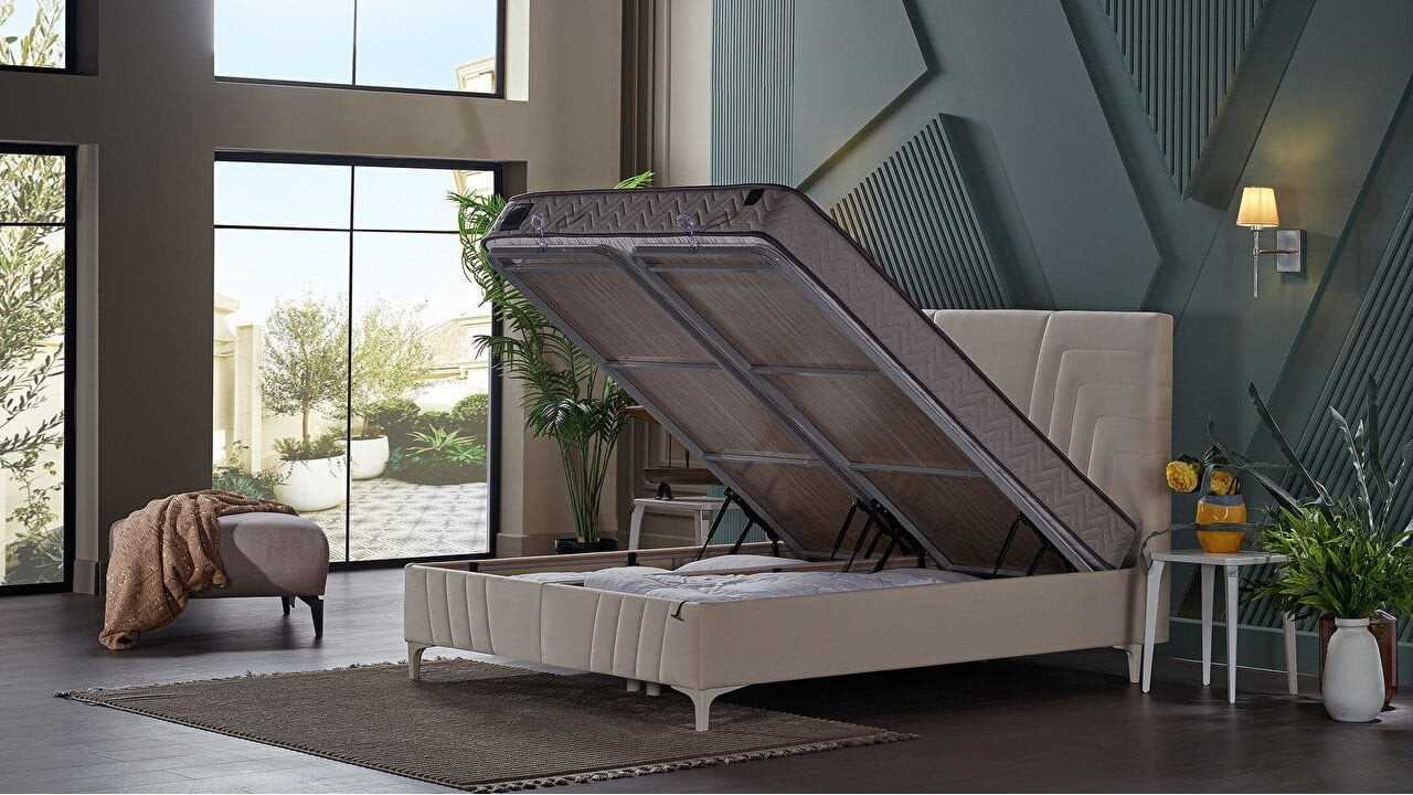 Pat tapitat cu lada de depozitare Toria, 180x200cm, culoare Crem BELLONA Paturi Tapitate 28TOAK600200001+26TOAKK00100001+28TO...
