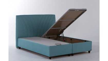 Pat tapitat cu lada de depozitare Verso, 180x200cm, culoare Turcuaz, picior culoare Nuc BELLONA Paturi tapitate cu lada - LA ...