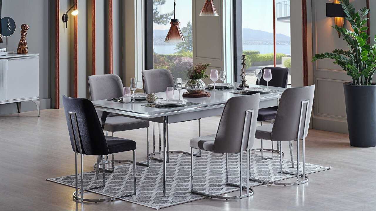 Set Dining Room Loretto cu scaun picior metalic, masa extensibila Seturi Dining Room SHOWROOMDININGLORETTOKREM/ANTRASIT