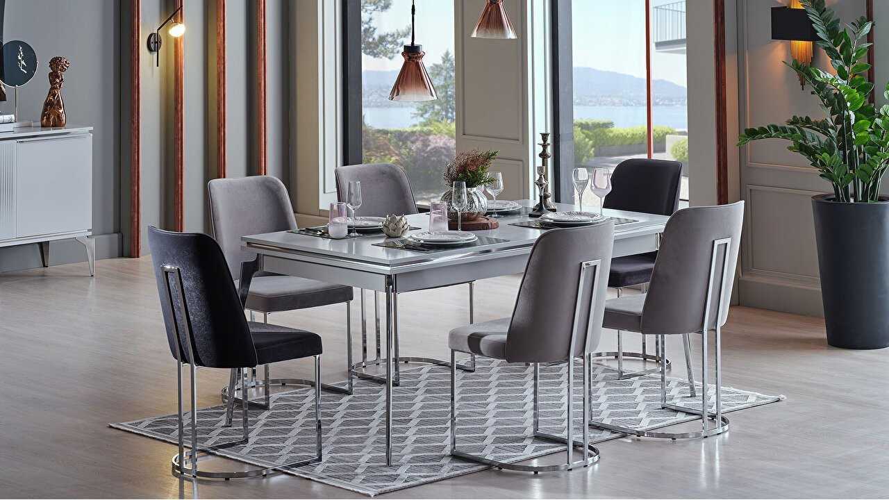 Set Dining Room Loretto cu scaun picior metalic, masa extensibila Seturi Dining Room SHOWROOMDININGLORETTOKREM/ANTRASIT