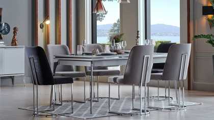 Set Dining Room Loretto cu scaun picior metalic, masa extensibila Seturi Dining Room SHOWROOMDININGLORETTOKREM/ANTRASIT