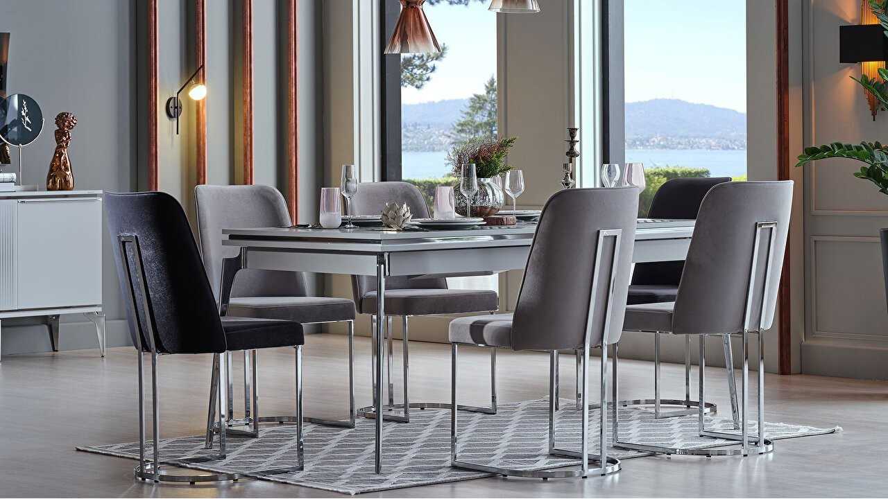 Set Dining Room Loretto cu scaun picior metalic, masa extensibila Seturi Dining Room SHOWROOMDININGLORETTOKREM/ANTRASIT