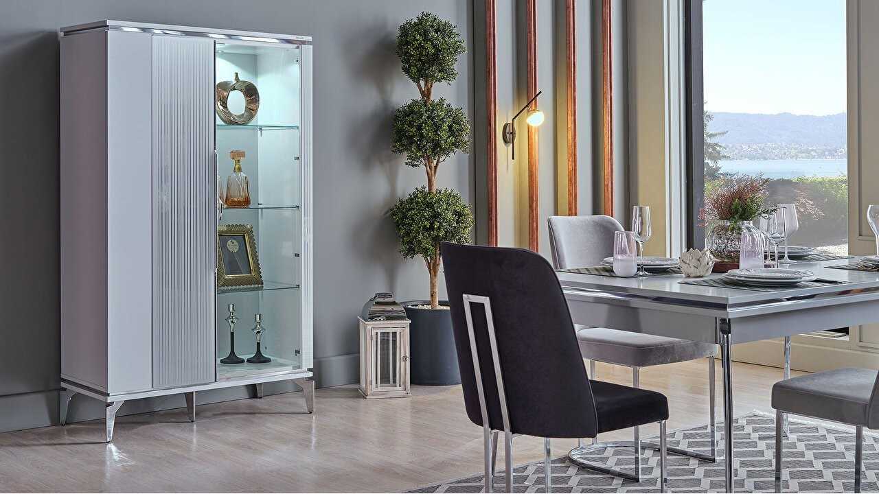 Set Dining Room Loretto cu scaun picior metalic, masa extensibila Seturi Dining Room SHOWROOMDININGLORETTOKREM/ANTRASIT
