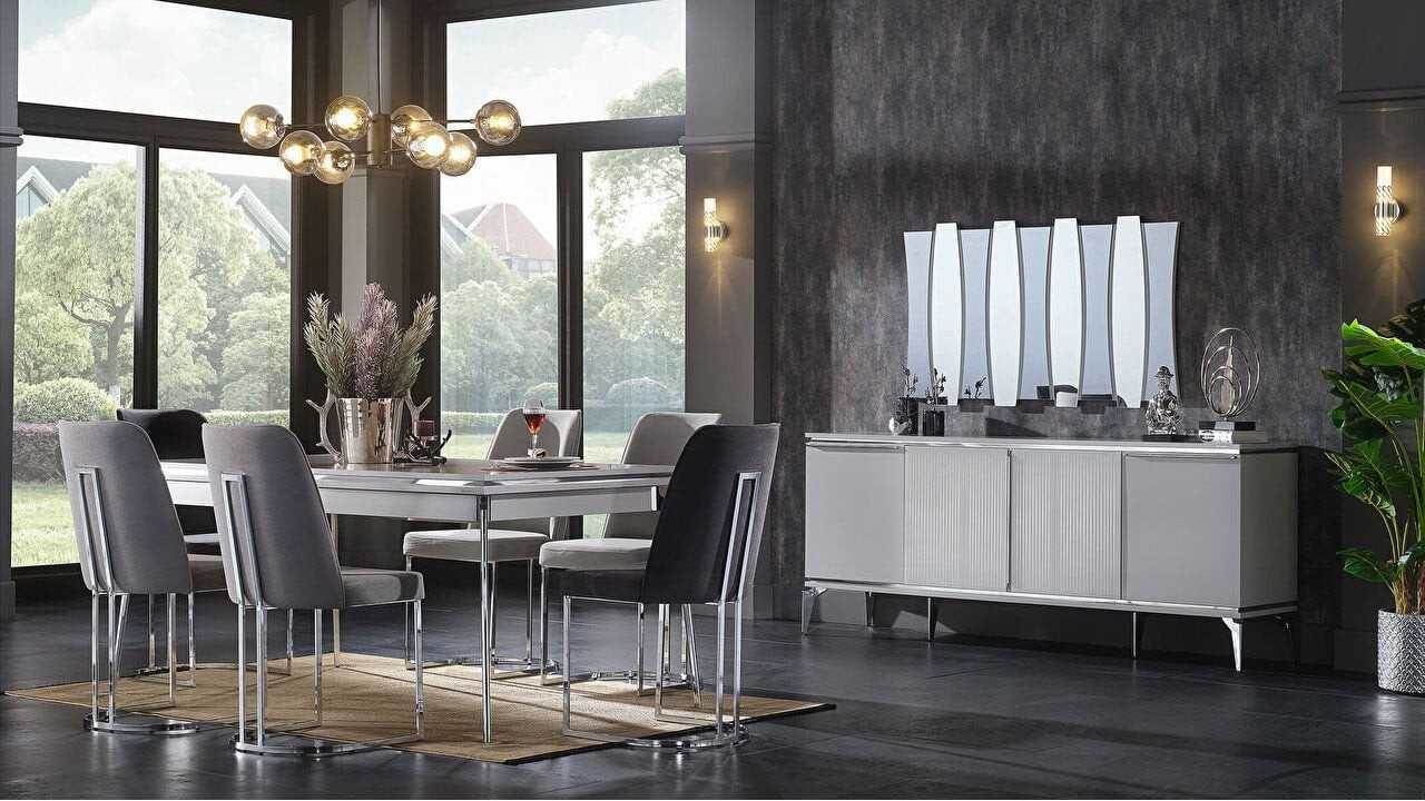 Set Dining Room Loretto cu scaun picior metalic, masa extensibila Seturi Dining Room SHOWROOMDININGLORETTOKREM/ANTRASIT Set Dining Room Loretto cu scaun picior metalic, masa extensibila Seturi Dining Room SHOWROOMDININGLORETTOKREM/ANTRASIT