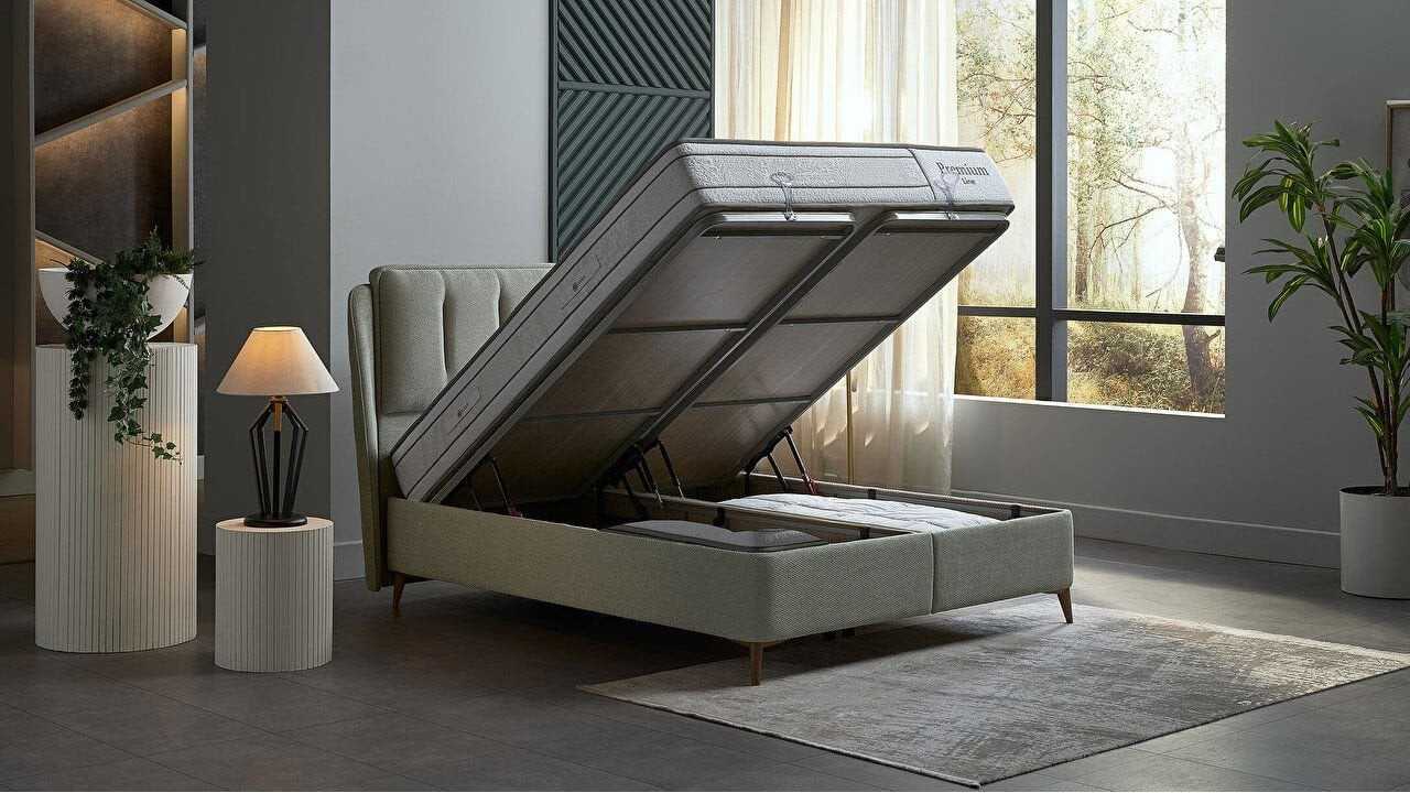 Pat tapitat cu lada si somiera rabatabila Premium Line 180x200, culoare Verde, Picior culoare Nuc BELLONA Paturi tapitate cu ...