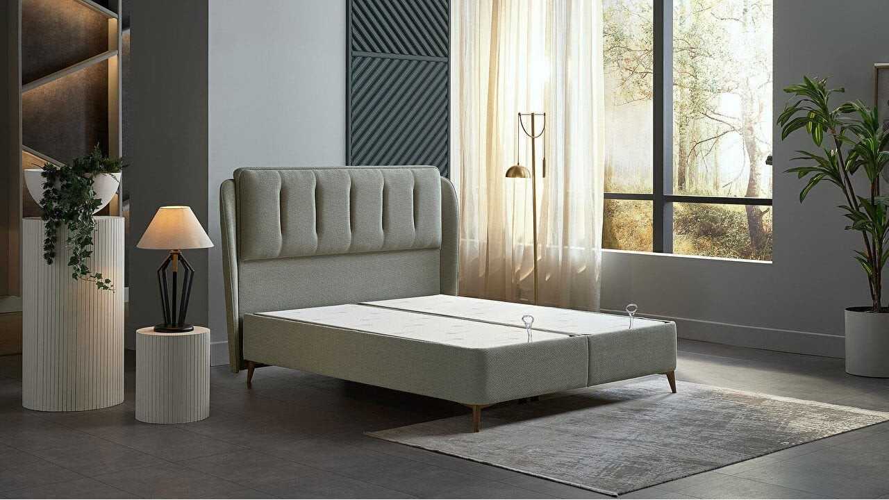 Pat tapitat cu lada si somiera rabatabila Premium Line 180x200, culoare Verde, Picior culoare Nuc BELLONA Paturi tapitate cu ...