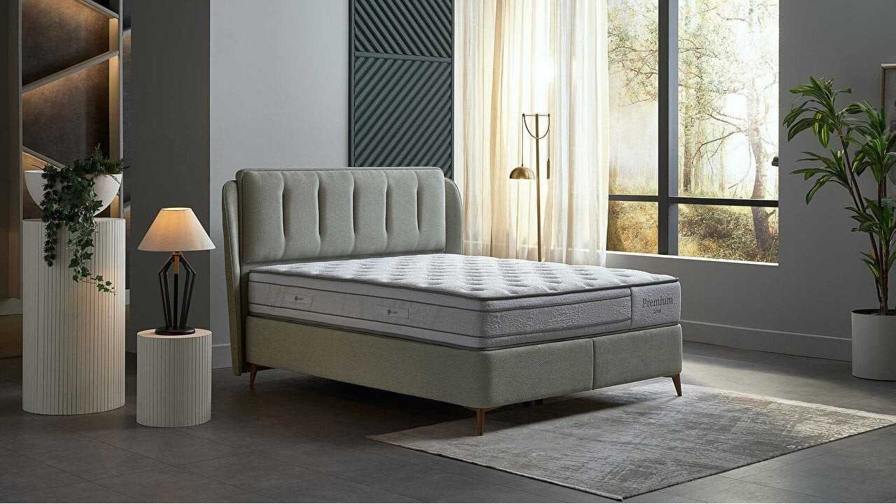 Pat tapitat cu lada si somiera rabatabila Premium Line 150x200, culoare Verde, Picior culoare Nuc BELLONA Paturi tapitate cu ...