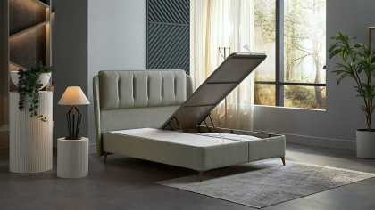 Pat tapitat cu lada si somiera rabatabila Premium Line 150x200, culoare Verde, Picior culoare Nuc BELLONA Paturi tapitate cu ...