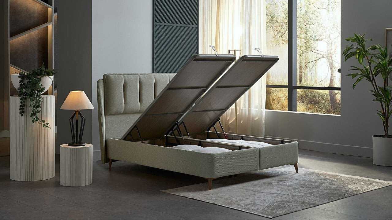 Pat tapitat cu lada si somiera rabatabila Premium Line 160x200, culoare Verde, Picior culoare Nuc BELLONA Paturi tapitate cu ...