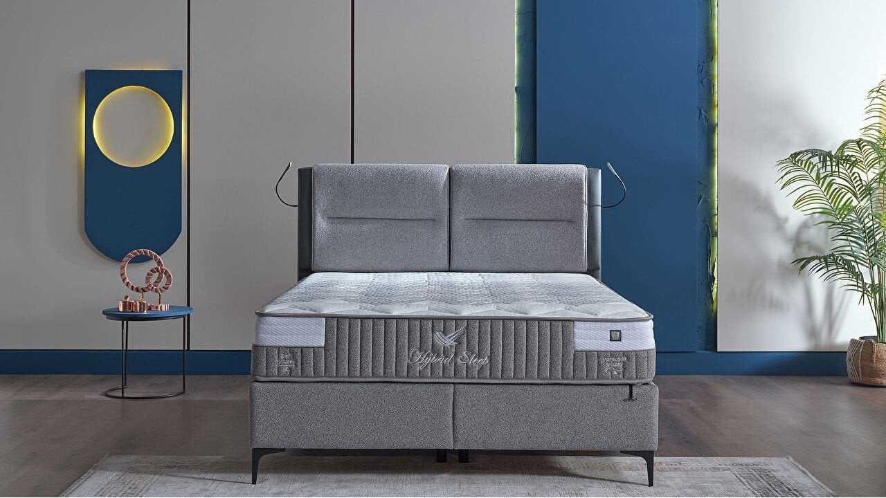 Pat tapitat cu lada si somiera rabatabila Hybrid Sleep 160x200, culoare Gri, Picior Negru BELLONA Paturi tapitate cu lada - L...