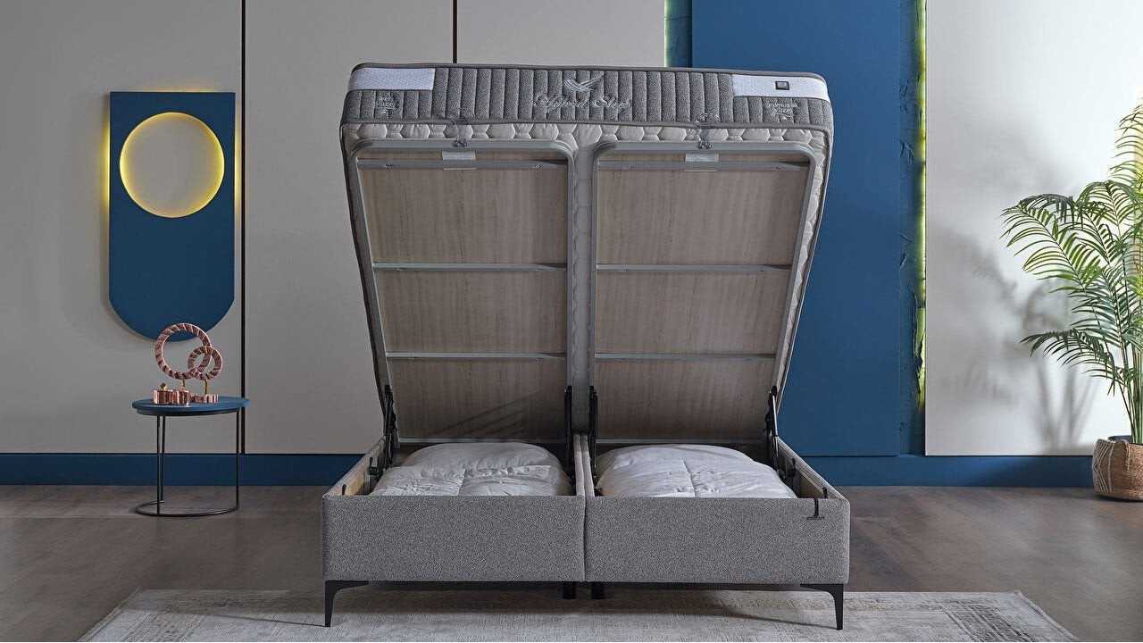 Pat tapitat cu lada si somiera rabatabila Hybrid Sleep 160x200, culoare Gri, Picior Negru BELLONA Paturi tapitate cu lada - L...