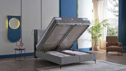Pat tapitat cu lada si somiera rabatabila Hybrid Sleep 160x200, culoare Gri, Picior Negru BELLONA Paturi tapitate cu lada - L...