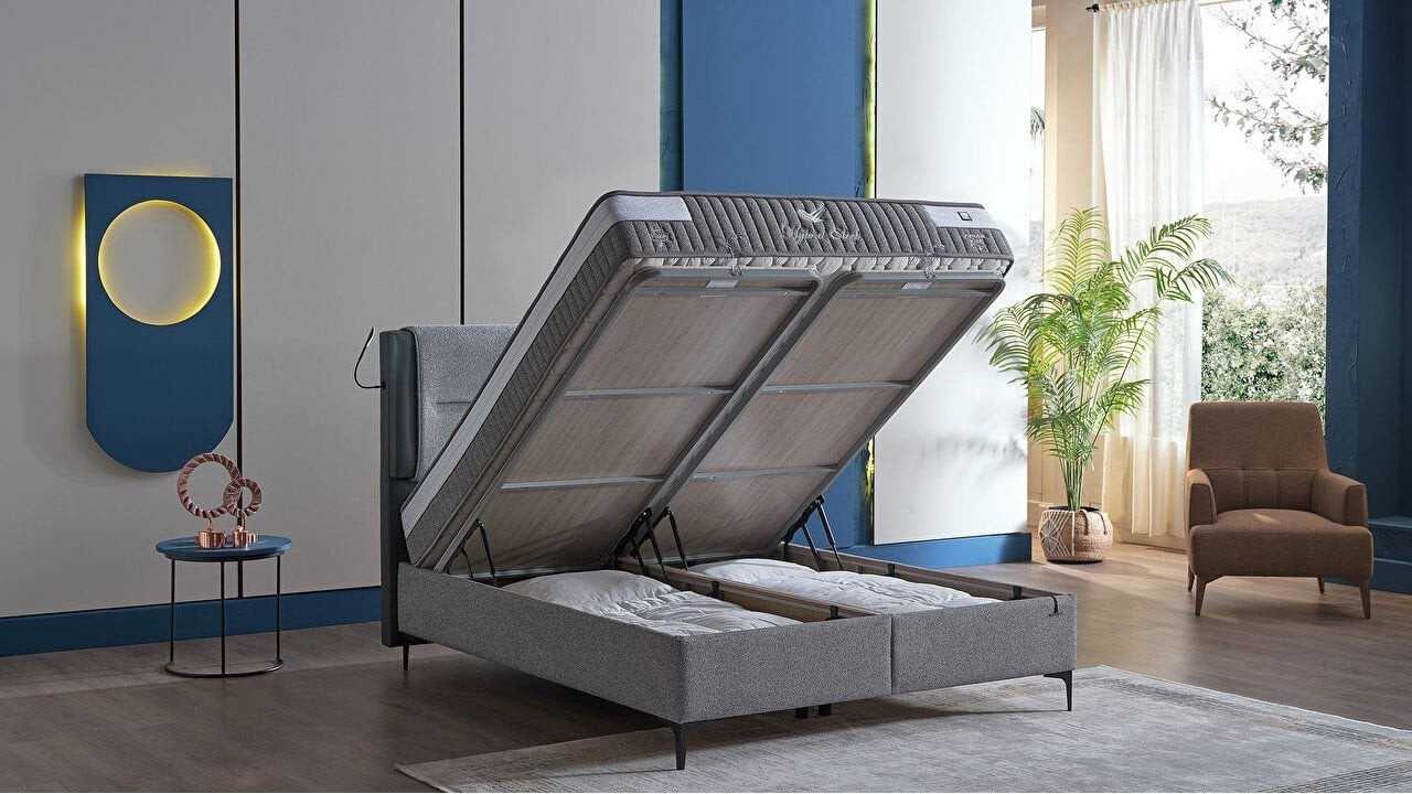 Pat tapitat cu lada si somiera rabatabila Hybrid Sleep 160x200, culoare Gri, Picior Negru BELLONA Paturi tapitate cu lada - L...