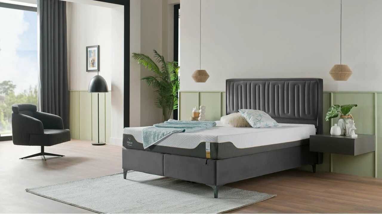 Pat tapitat cu lada si somiera rabatabila Petra, 120x200cm, culoare Antracit, culoare picior negru BELLONA Paturi Tapitate