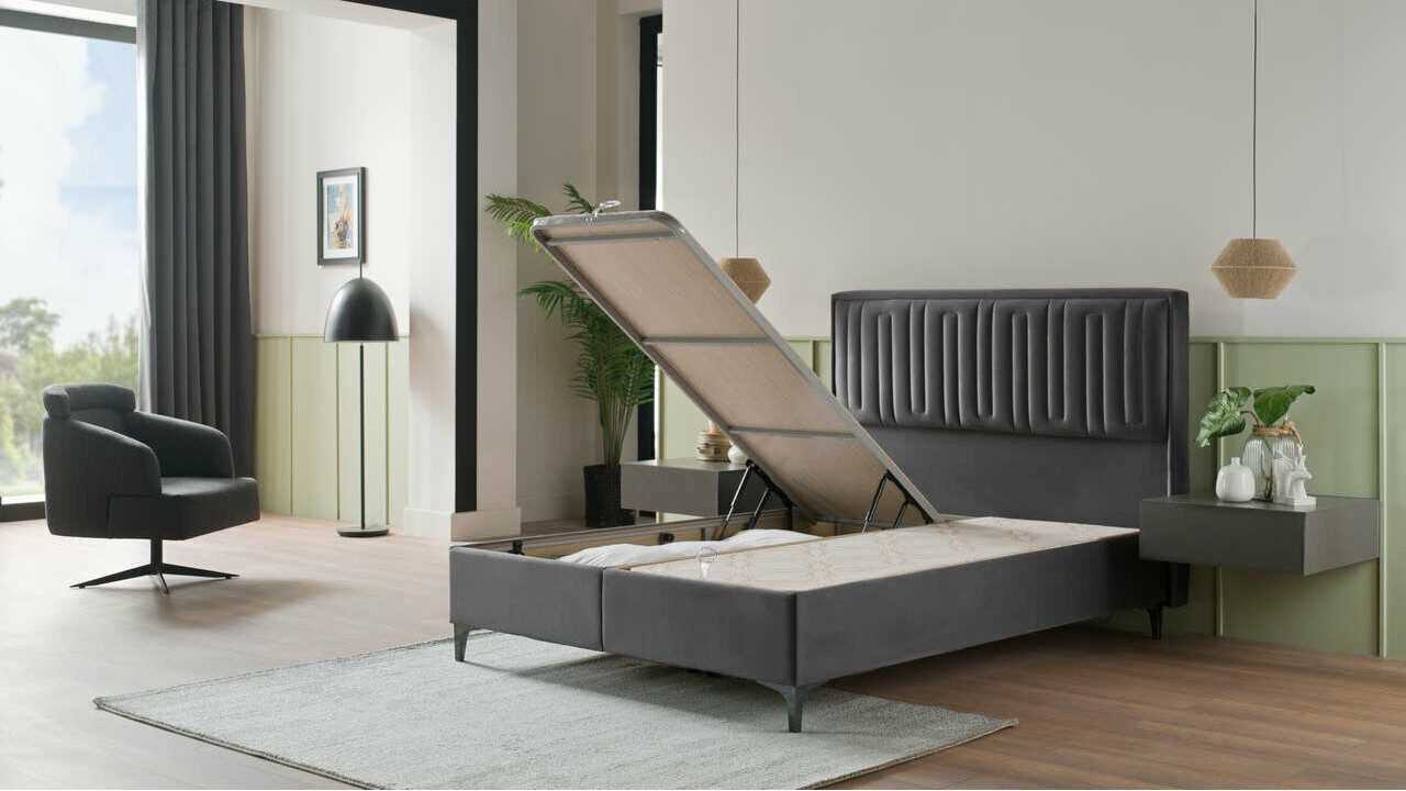 Pat tapitat cu lada si somiera rabatabila Petra, 120x200cm, culoare Antracit, culoare picior negru BELLONA Paturi Tapitate
