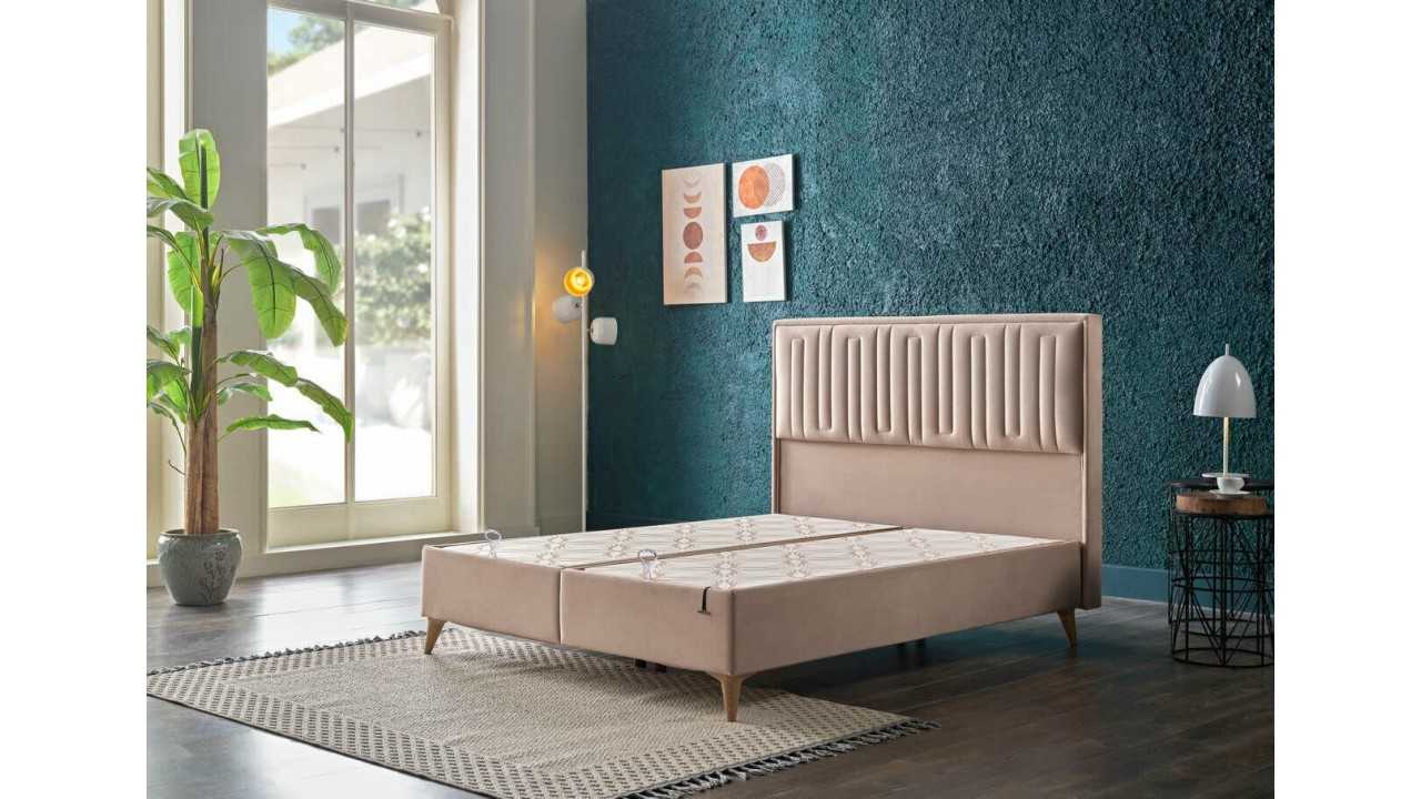 Pat tapitat cu lada si somiera rabatabila Petra, 180x200cm, culoare Vizon, picior nuc BELLONA Paturi tapitate cu lada - LA CO...