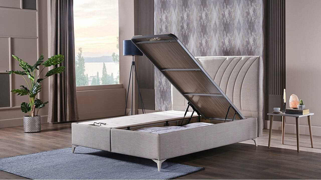 Pat tapitat cu lada de depozitare Verso S, 160x200cm, culoare Crem, picior culoare Fildes BELLONA Paturi tapitate cu lada - L...
