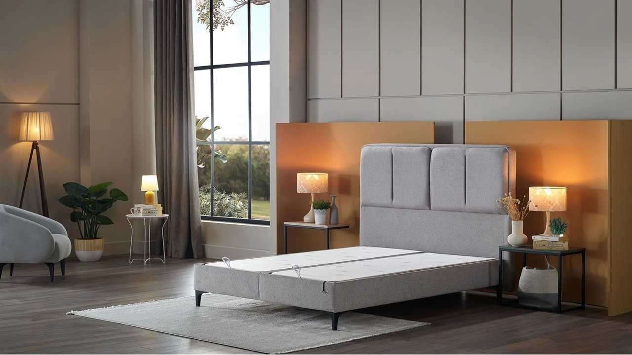 Pat tapitat cu lada si somiera rabatabila All Seasons Comfort 160x200, culoare Vizon, Picior Negru BELLONA Paturi tapitate cu...