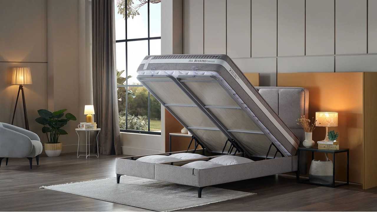 Pat tapitat cu lada si somiera rabatabila All Seasons Comfort 160x200, culoare Vizon, Picior Negru BELLONA Paturi tapitate cu...