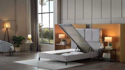 Pat tapitat cu lada si somiera rabatabila All Seasons Comfort 180x200, culoare Vizon, Picior Negru BELLONA Paturi tapitate cu...