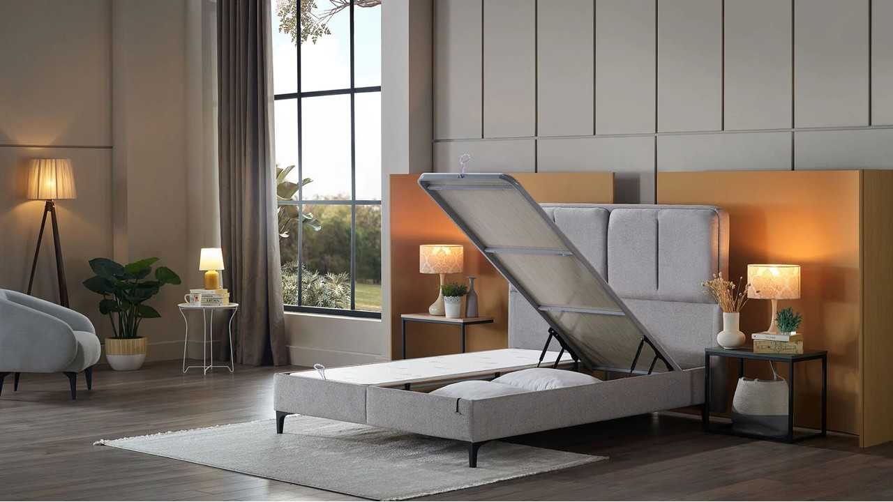 Pat tapitat cu lada si somiera rabatabila All Seasons Comfort 180x200, culoare Vizon, Picior Negru BELLONA Paturi tapitate cu...