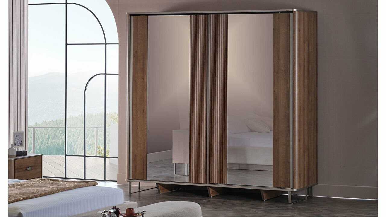 Set Dormitor Mirante cu Sifonier Usi Glisante si Pat 160x200cm Set Dormitor SHODORMMIRANTE, USI GLISANTE