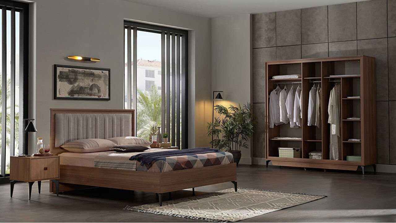 Set Dormitor Monaco, Sifonier 5 usi, Pat 160x200, culoare Nuc Set Dormitor SHOWROOMDORMONACO5USI160
