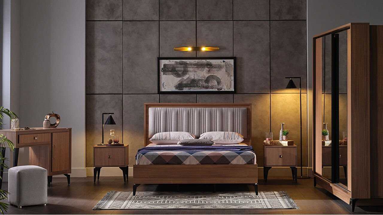 Set Dormitor Monaco, Sifonier 5 usi, Pat 160x200, culoare Nuc Set Dormitor SHOWROOMDORMONACO5USI160