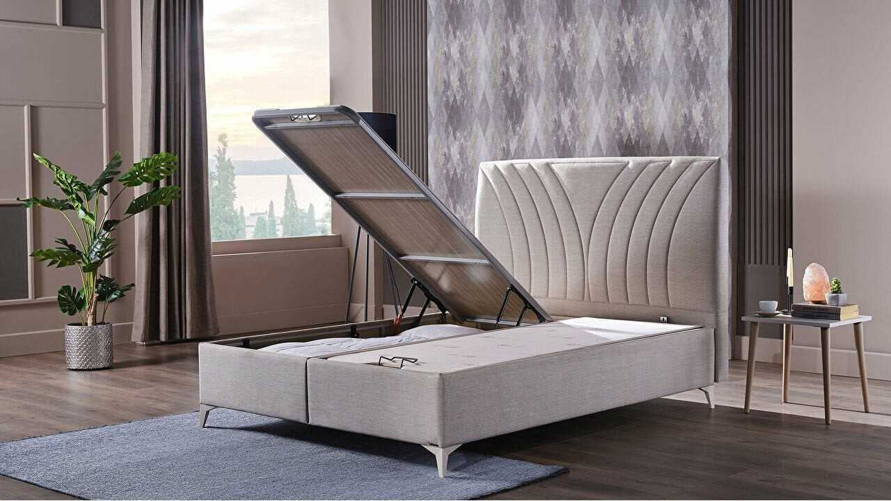 Pat tapitat cu lada de depozitare Verso S, 180x200cm, culoare Crem, picior culoare Fildes BELLONA Paturi tapitate cu lada - L...